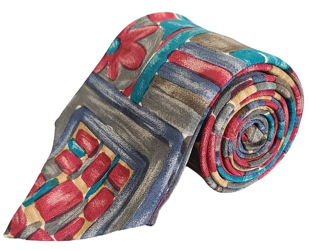 Meeting Street Multicolor Abstract Geometric Patchwork Silk Tie Italy 57x3.5